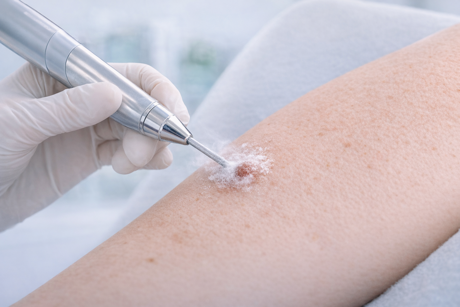 An informative graphic illustrating the concept of Cryosonic Treatment, showing a focused area of skin being treated while surrounding skin remains untouched, symbolizing precision and care.